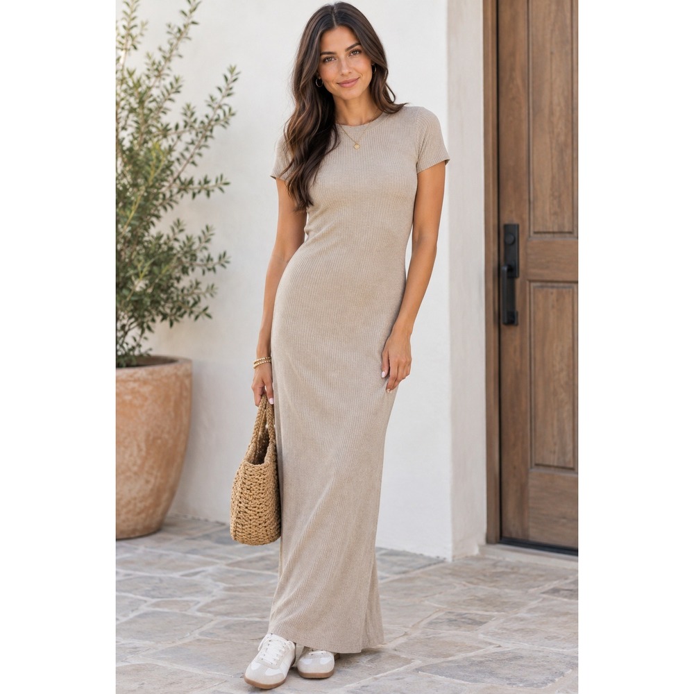 The Workshop Ribbed Knit Maxi Dress Beige Tan Short Sleeve TW1312 Women Large